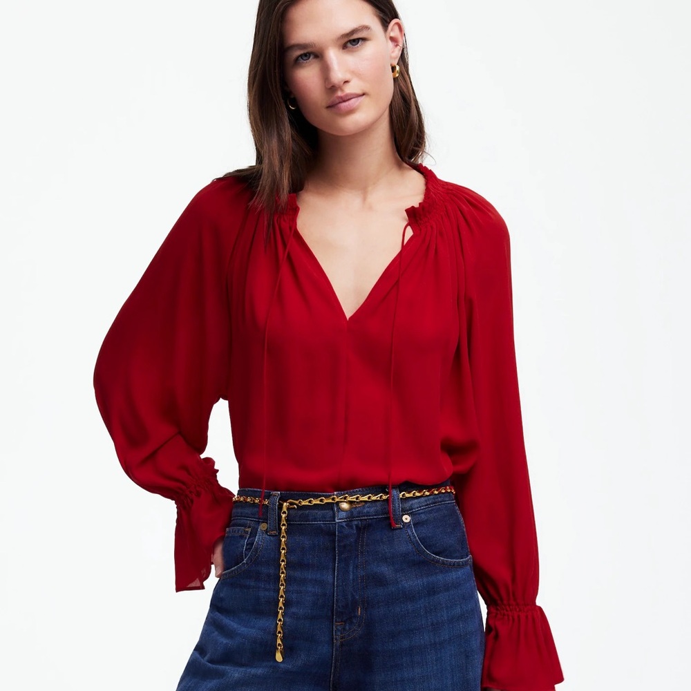 Madewell long sleeve tie-neck top in red ❤️♥️